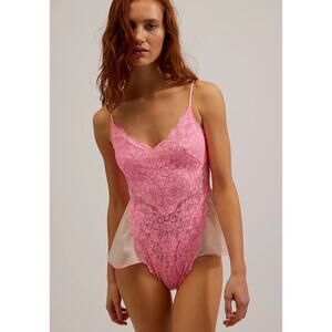NEW We Are Hah x Free People Maid To Wear Pink Lace Ruffle Bodysuit XS Rose